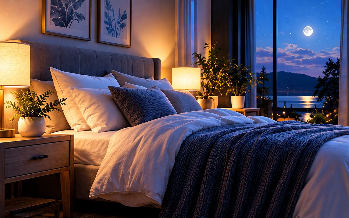 A calm bedroom at night with warm bedside lamps, a made bed, and moonlight over the water outside the window