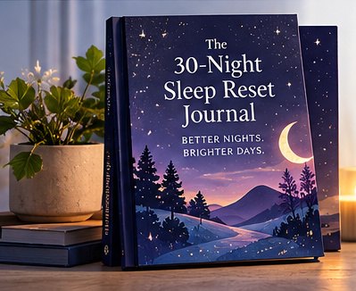 The 30-Night Sleep Reset Journal cover, a starry night landscape with a crescent moon